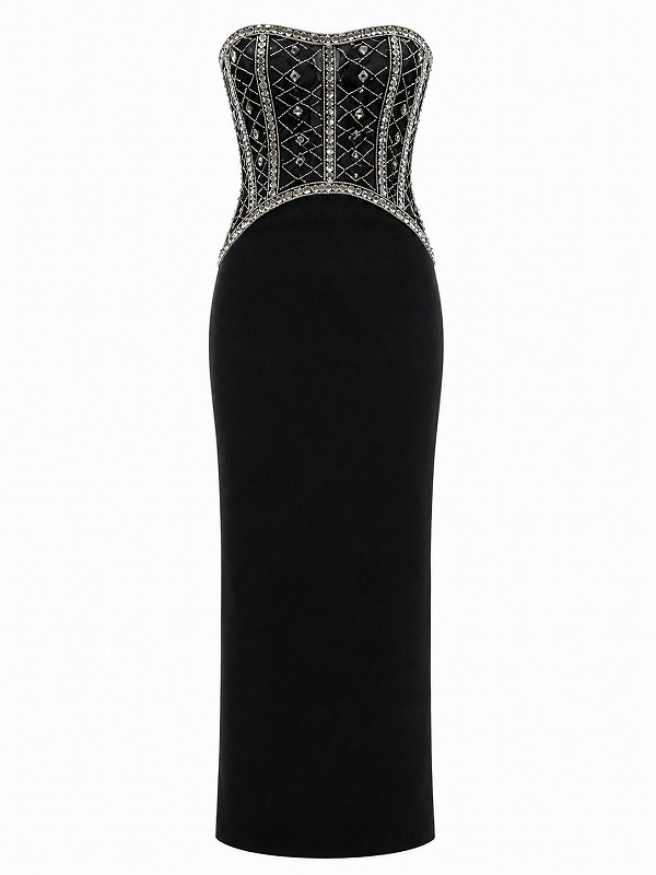 【新品DRESS 2002】クリスタルビジュービーズシアータイトロングドレス ブラック